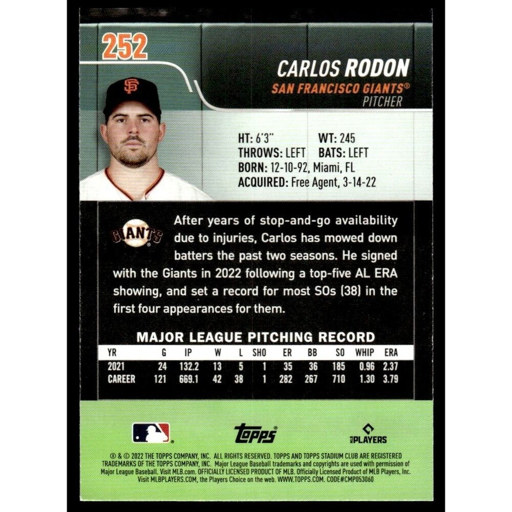 2022 Stadium Club Carlos Rodon San Francisco Giants #252 - Picture 2 of 2